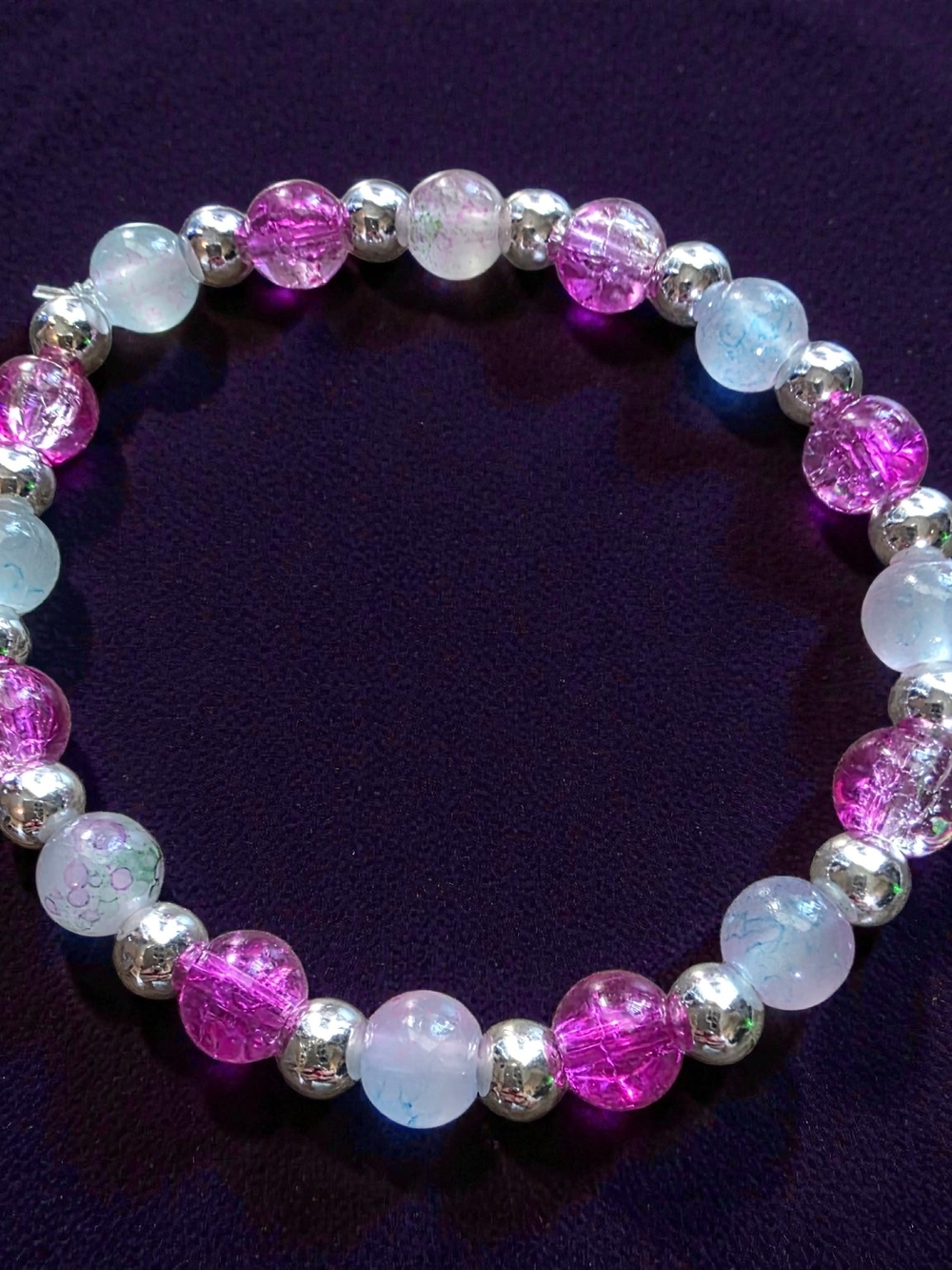 Handmade Pink Crackle Glass Stretch Bracelet Silver Bead Accent Jewelry NWT